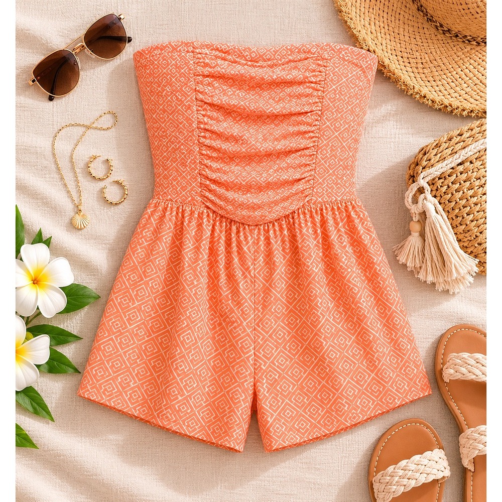 Roxy Great Heights Coral Geometric Strapless Ruched Romper ARJWD03071 Size Large - Picture 2 of 5